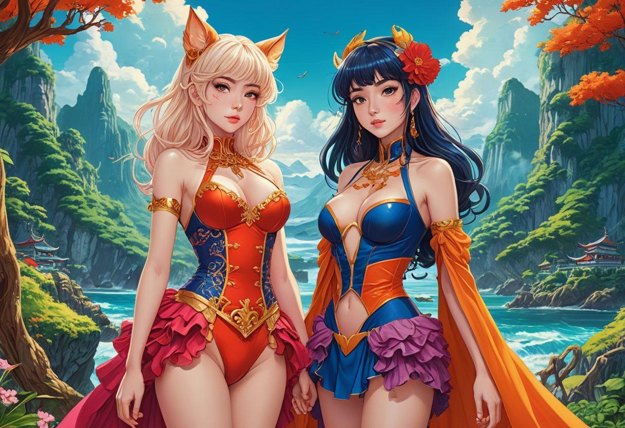 A colorful and dynamic illustration capturing a blend of erotic anime elements and graphic novel artistry, featuring diverse characters in whimsical fantasy settings, with intricate details on costumes and expressions that convey desire and intrigue. The background should include surreal landscapes that evoke an otherworldly feel, merging reality and fantasy. Emphasize bold lines and vibrant colors to reflect the art style of graphic novels. super-realistic. vibrant colors. 3D.